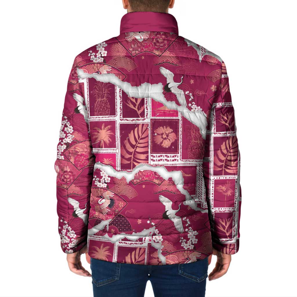 Hawaii Japanese Culture Pink Padded Jacket Spring Cranes Aloha Pattern LT01 - Polynesian Pride