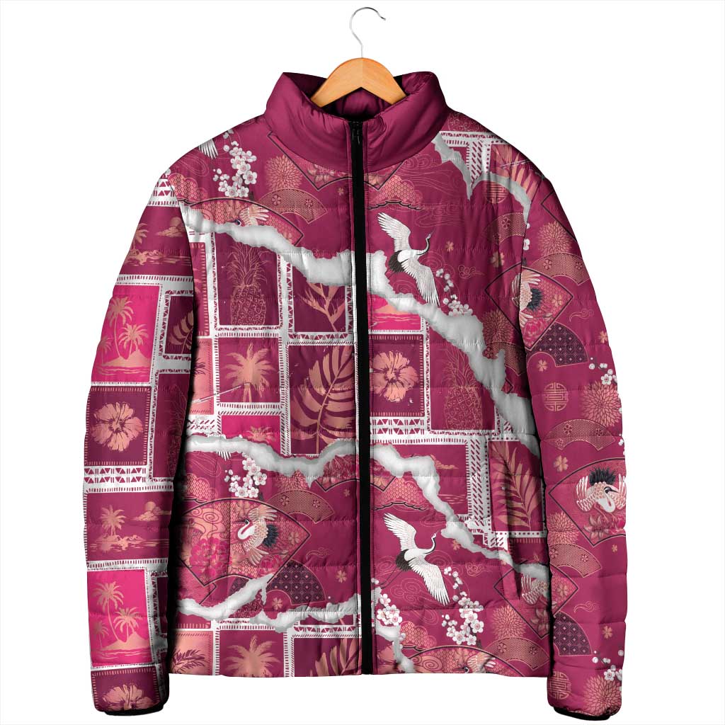Hawaii Japanese Culture Pink Padded Jacket Spring Cranes Aloha Pattern LT01 - Polynesian Pride