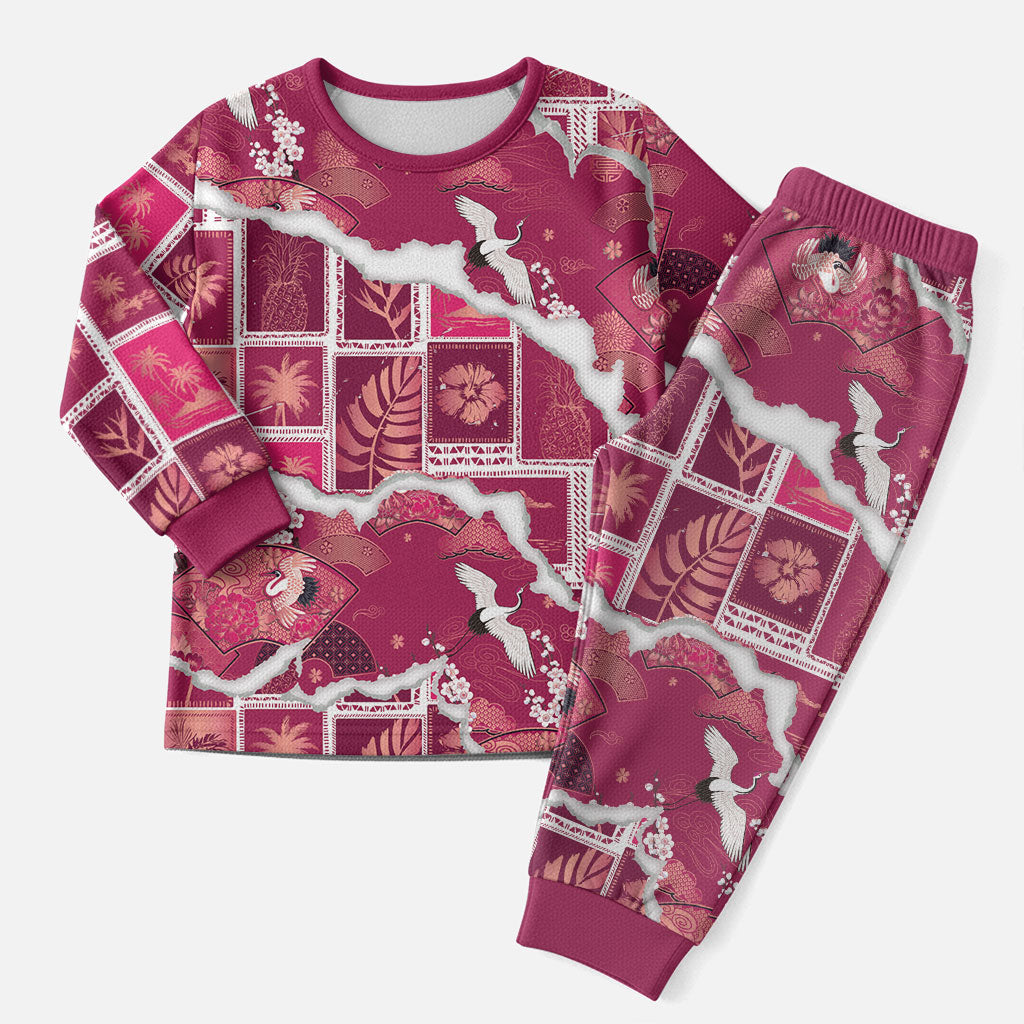 Hawaii Japanese Culture Pink Christmas Pajama Set Spring Cranes Aloha Pattern