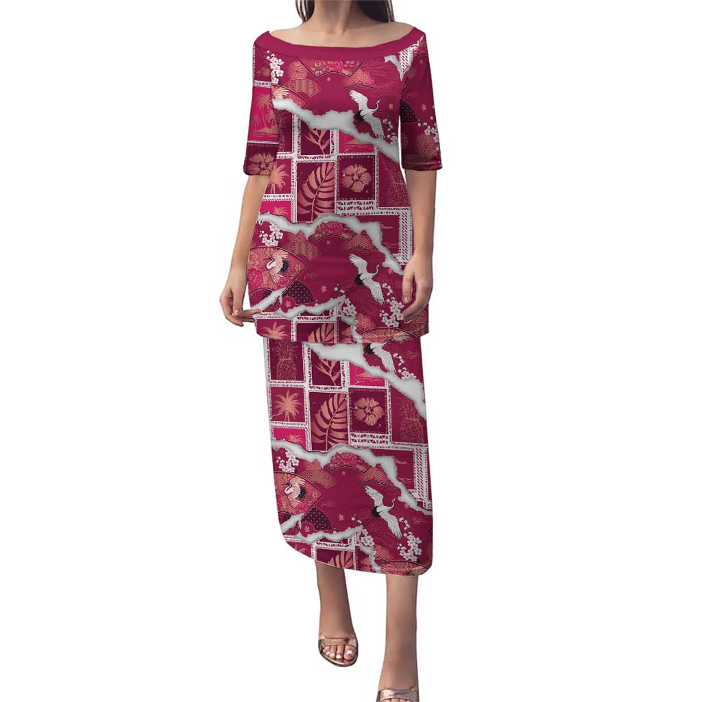 Hawaii Japanese Culture Pink Puletasi Spring Cranes Aloha Pattern LT01 Long Dress Pink - Polynesian Pride