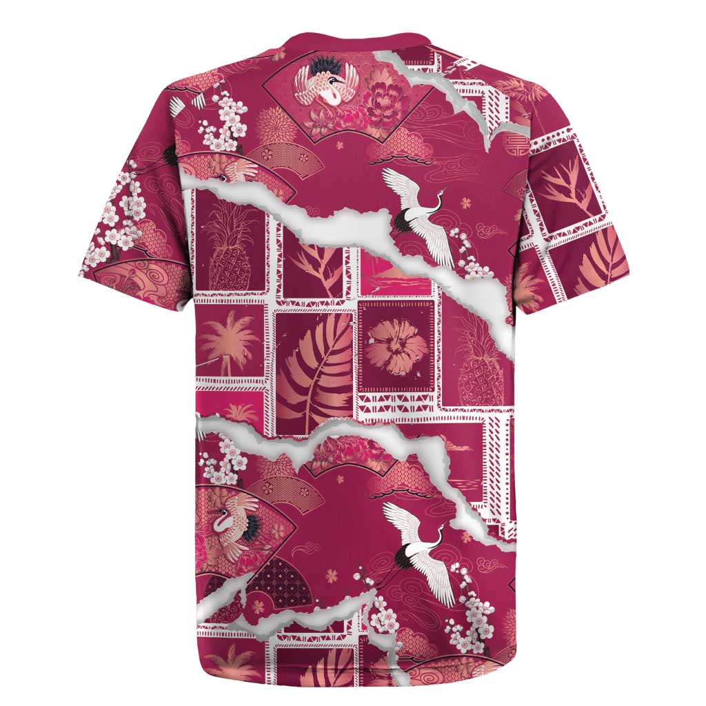 Hawaii Japanese Culture Pink Rugby Jersey Spring Cranes Aloha Pattern LT01 - Polynesian Pride