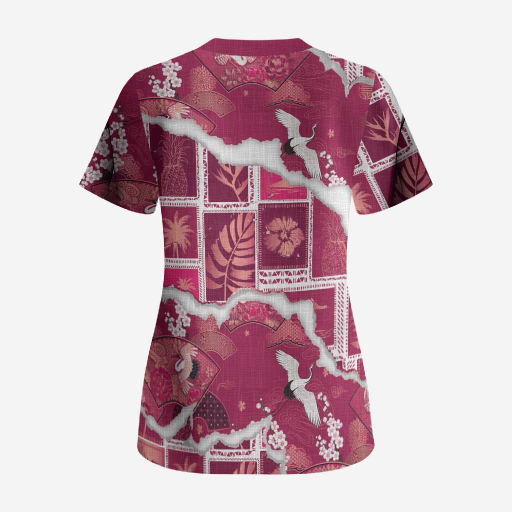 Hawaii Japanese Culture Pink Scrub Top Spring Cranes Aloha Pattern LT01 - Polynesian Pride