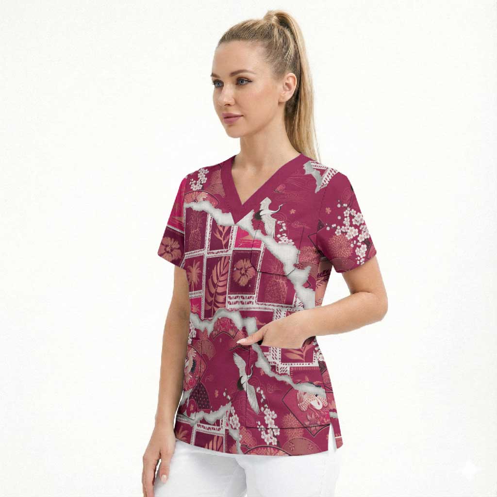 Hawaii Japanese Culture Pink Scrub Top Spring Cranes Aloha Pattern LT01 - Polynesian Pride