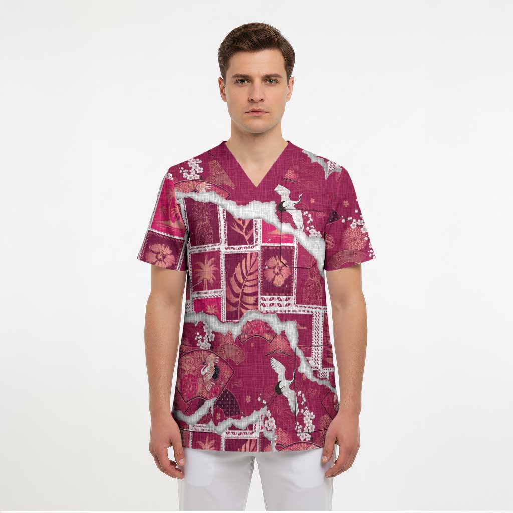 Hawaii Japanese Culture Pink Scrub Top Spring Cranes Aloha Pattern LT01 - Polynesian Pride