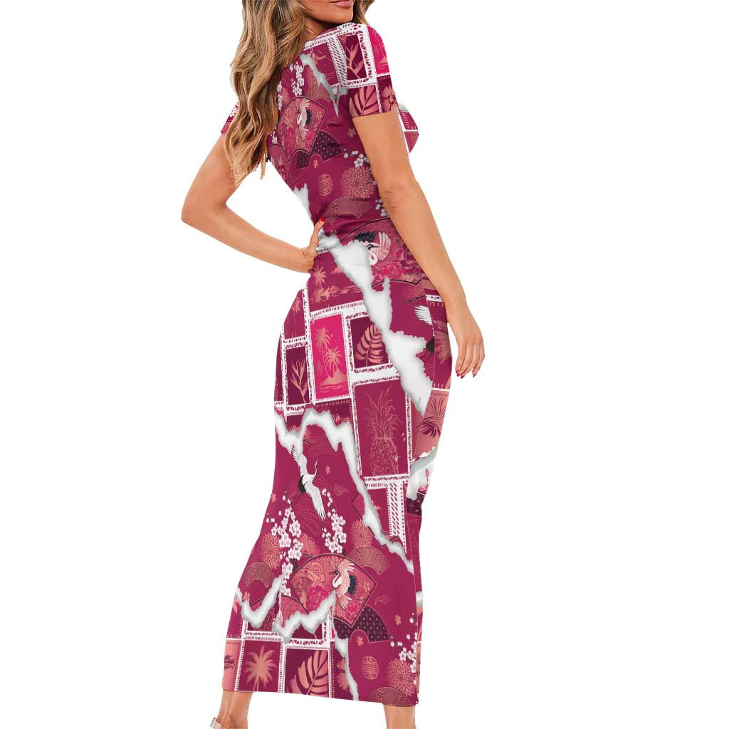Hawaii Japanese Culture Pink Short Sleeve Bodycon Dress Spring Cranes Aloha Pattern LT01 - Polynesian Pride