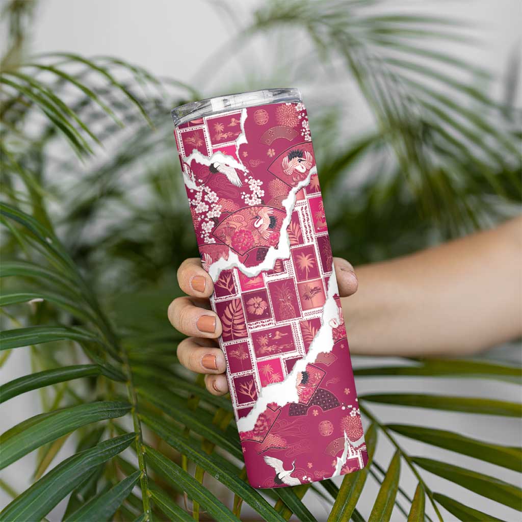Hawaii Japanese Culture Pink Skinny Tumbler Spring Cranes Aloha Pattern LT01 - Polynesian Pride