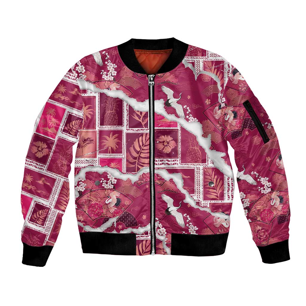 Hawaii Japanese Culture Pink Sleeve Zip Bomber Jacket Spring Cranes Aloha Pattern LT01 Unisex Pink - Polynesian Pride