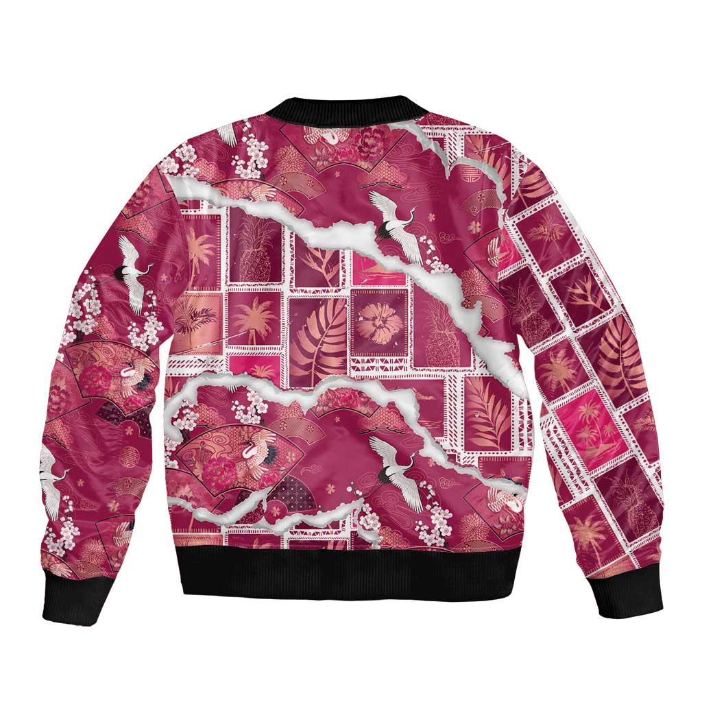 Hawaii Japanese Culture Pink Sleeve Zip Bomber Jacket Spring Cranes Aloha Pattern LT01 - Polynesian Pride