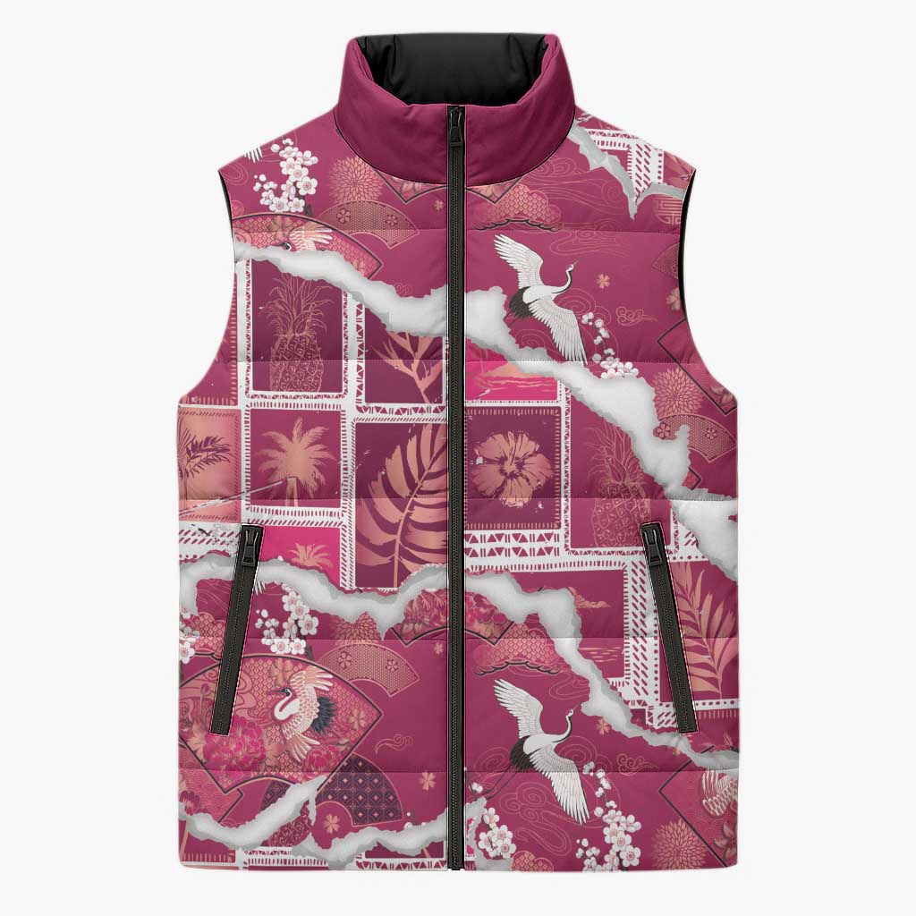 Hawaii Japanese Culture Pink Sleeveless Puffer Jacket Spring Cranes Aloha Pattern LT01 Unisex Pink - Polynesian Pride