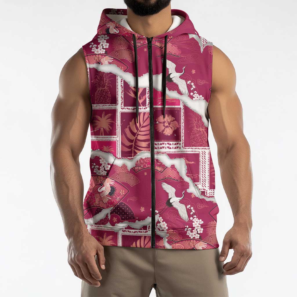 Hawaii Japanese Culture Pink Sleeveless Zip Hoodie Spring Cranes Aloha Pattern LT01 - Polynesian Pride