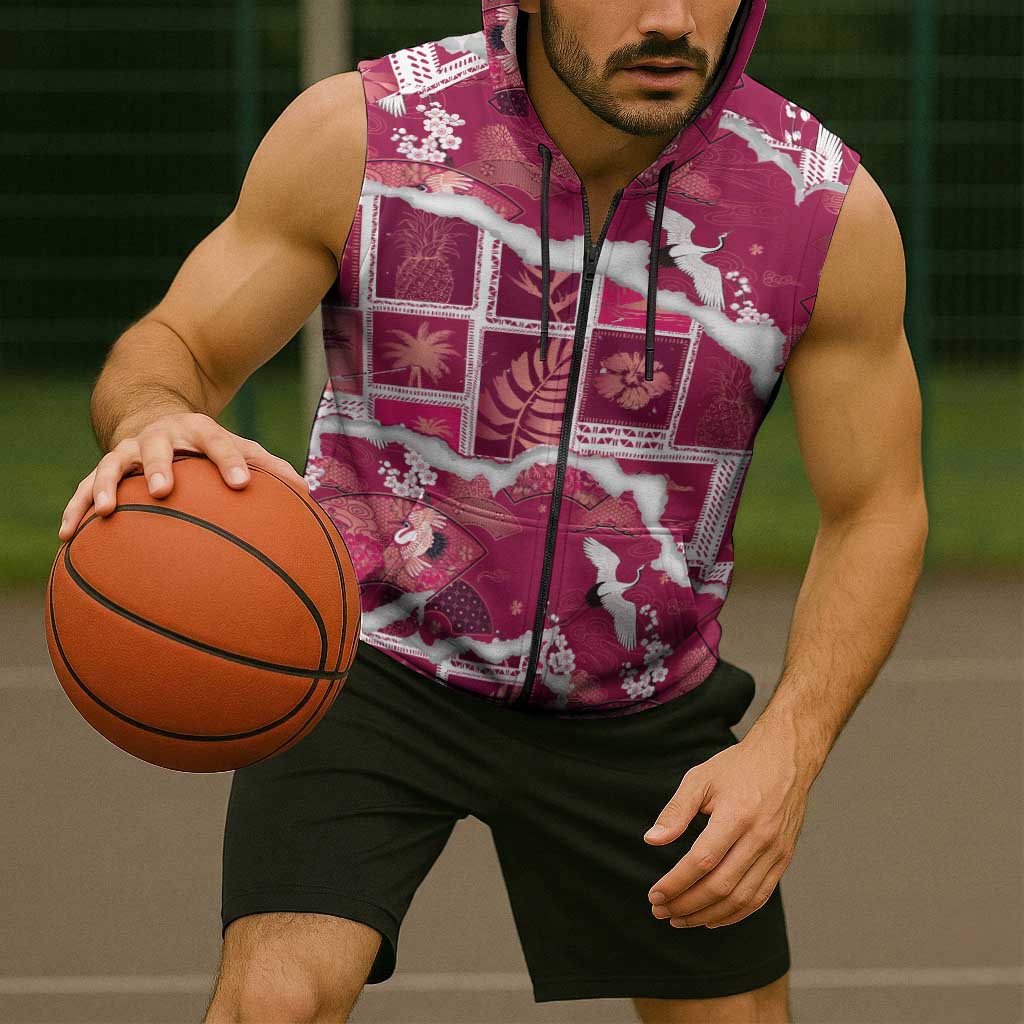 Hawaii Japanese Culture Pink Sleeveless Zip Hoodie Spring Cranes Aloha Pattern LT01 - Polynesian Pride