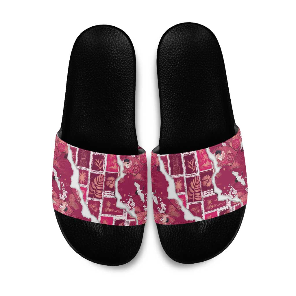 Hawaii Japanese Culture Pink Slide Sandals Spring Cranes Aloha Pattern LT01 Pink - Polynesian Pride