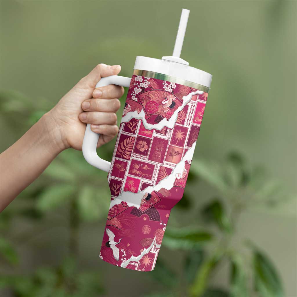Hawaii Japanese Culture Pink Tumbler With Handle Spring Cranes Aloha Pattern LT01 - Polynesian Pride