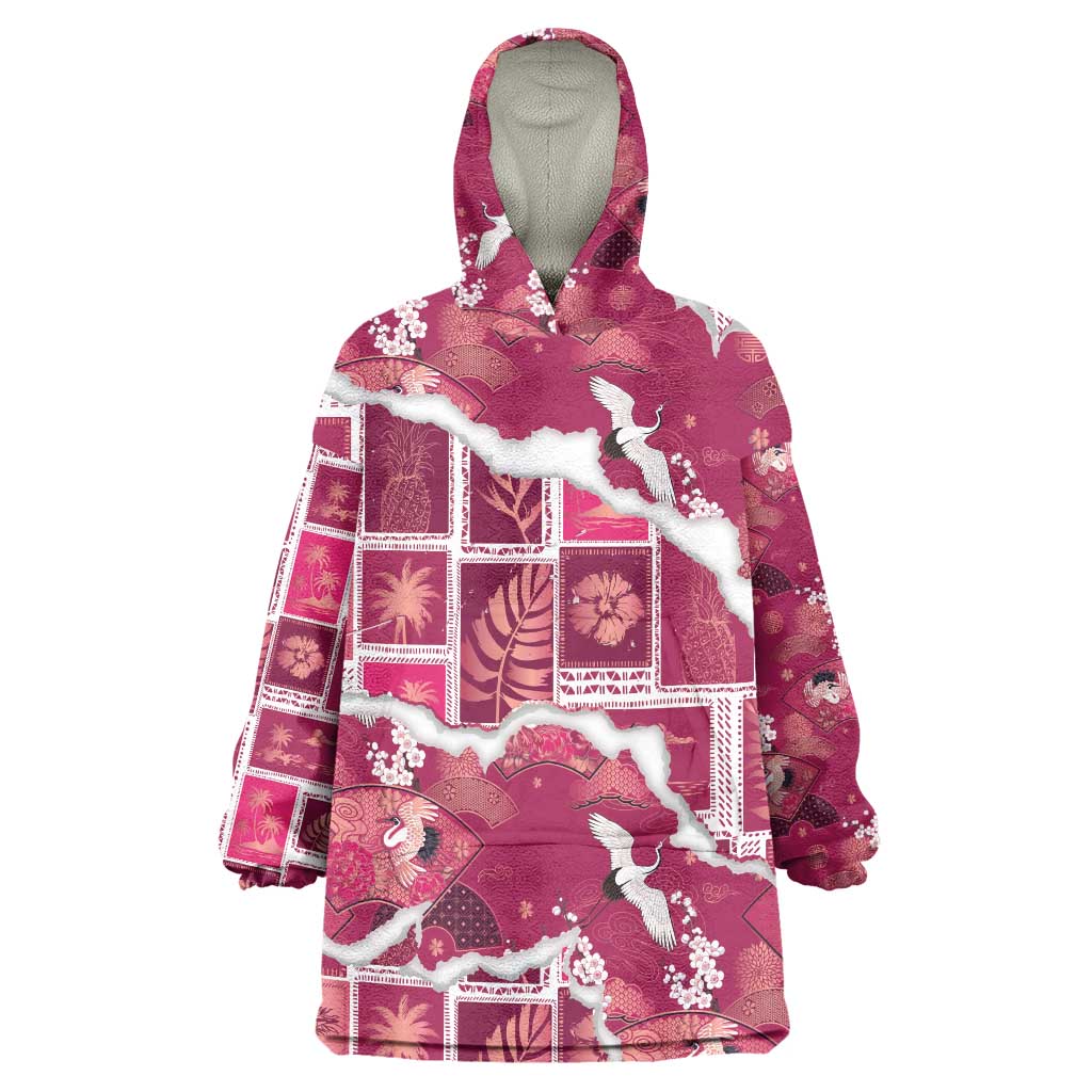 Hawaii Japanese Culture Pink Wearable Blanket Hoodie Spring Cranes Aloha Pattern LT01 One Size Pink - Polynesian Pride