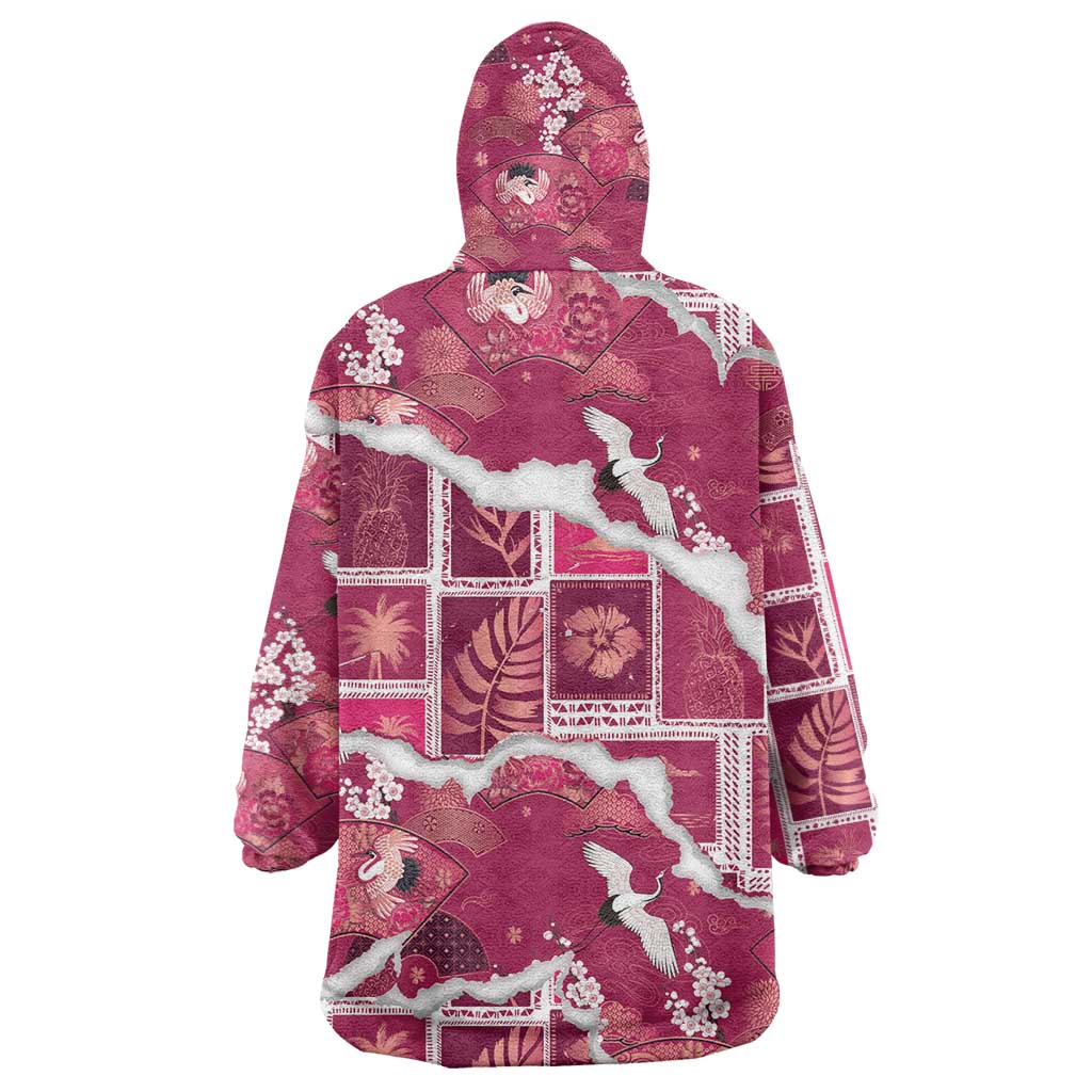Hawaii Japanese Culture Pink Wearable Blanket Hoodie Spring Cranes Aloha Pattern LT01 - Polynesian Pride
