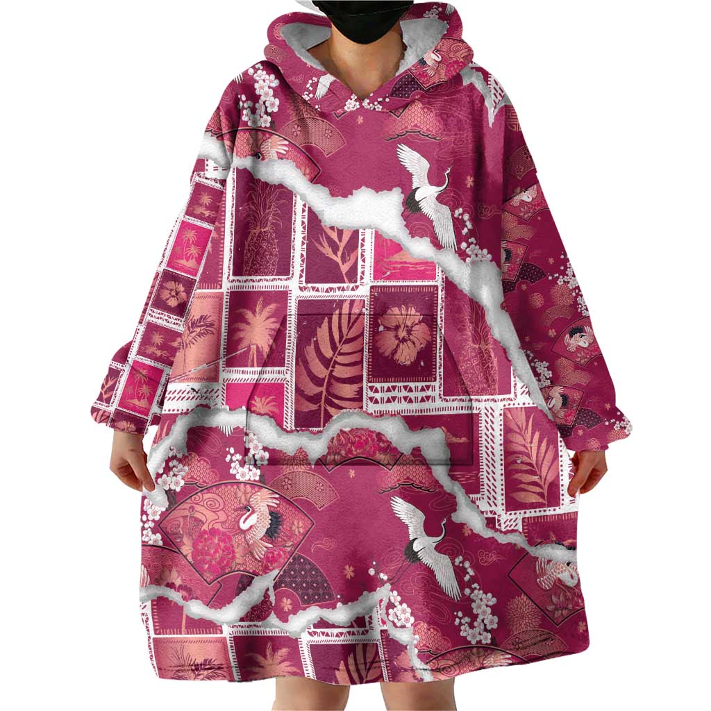 Hawaii Japanese Culture Pink Wearable Blanket Hoodie Spring Cranes Aloha Pattern LT01 - Polynesian Pride