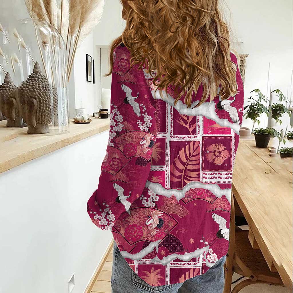 Hawaii Japanese Culture Pink Women Casual Shirt Spring Cranes Aloha Pattern LT01 - Polynesian Pride