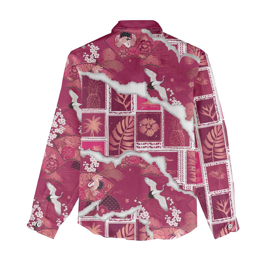 Hawaii Japanese Culture Pink Women Casual Shirt Spring Cranes Aloha Pattern LT01 - Polynesian Pride