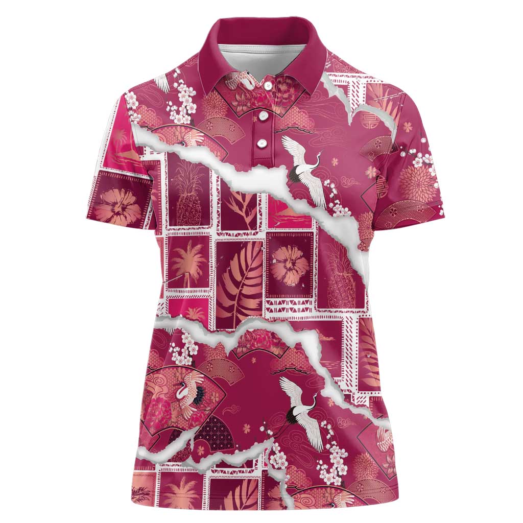 Hawaii Japanese Culture Pink Women Polo Shirt Spring Cranes Aloha Pattern