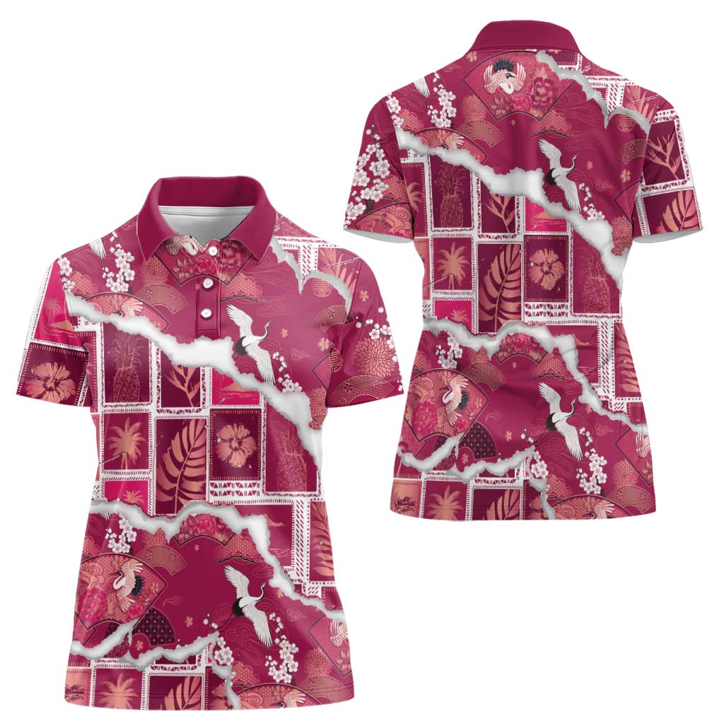 Hawaii Japanese Culture Pink Women Polo Shirt Spring Cranes Aloha Pattern