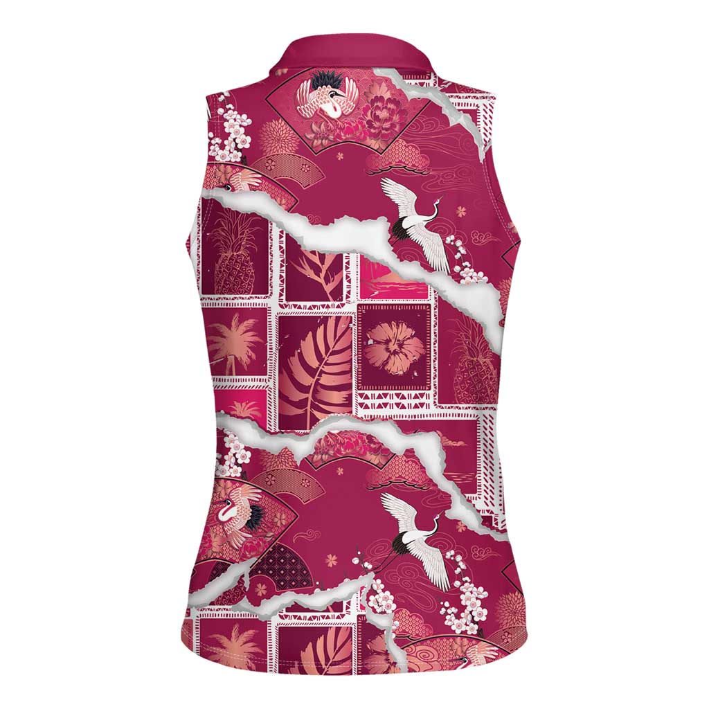 Hawaii Japanese Culture Pink Women Sleeveless Polo Shirt Spring Cranes Aloha Pattern