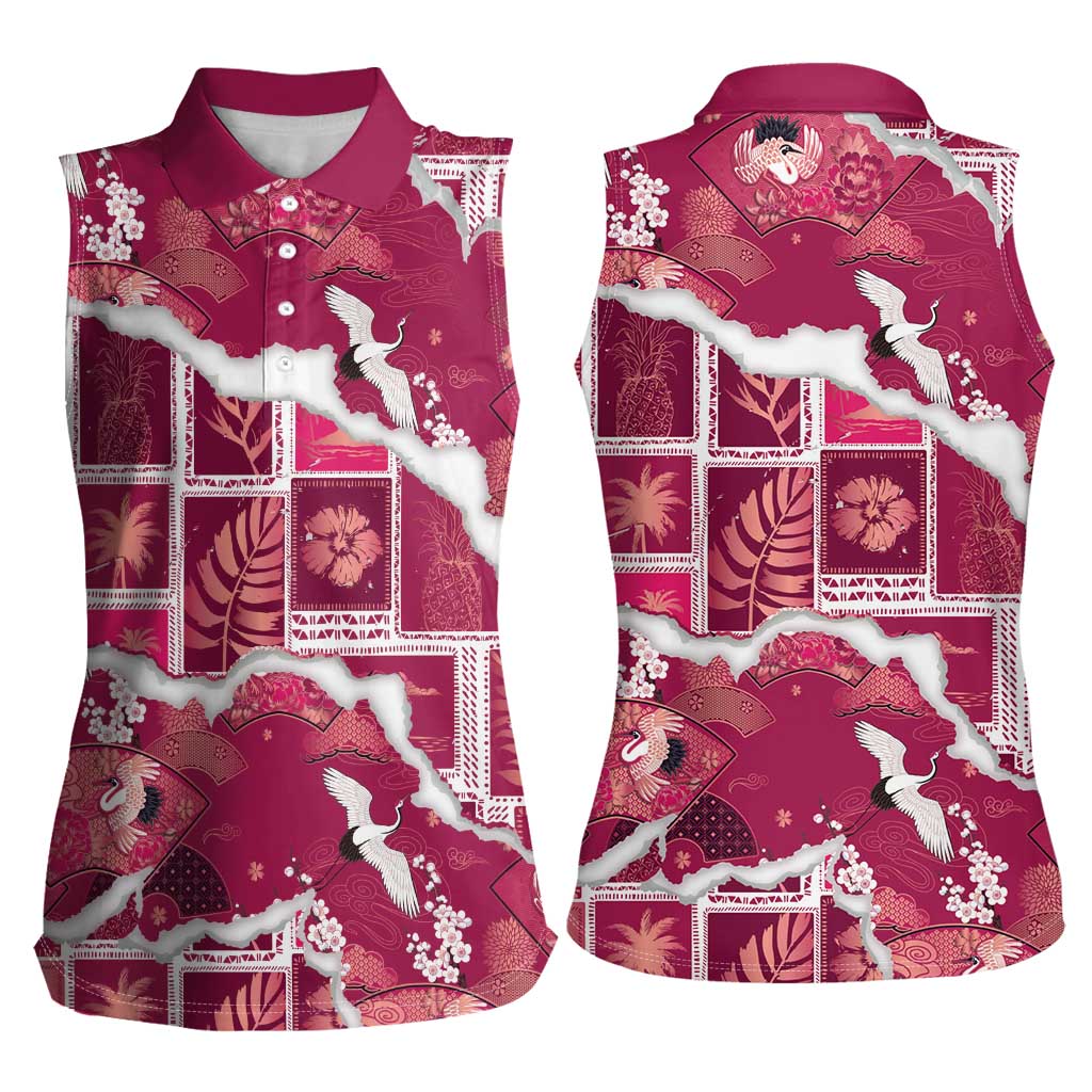 Hawaii Japanese Culture Pink Women Sleeveless Polo Shirt Spring Cranes Aloha Pattern