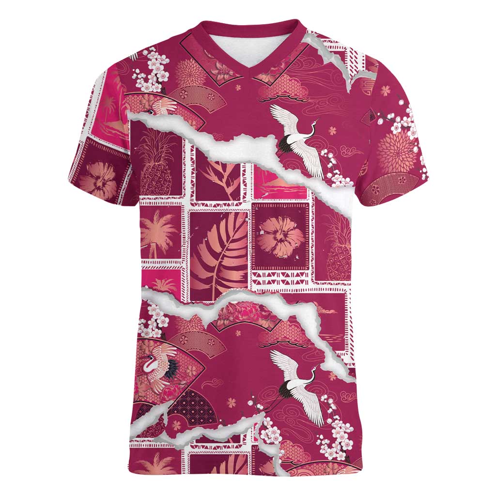 Hawaii Japanese Culture Pink Women V-Neck T-Shirt Spring Cranes Aloha Pattern LT01 Female Pink - Polynesian Pride