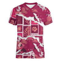 Hawaii Japanese Culture Pink Women V-Neck T-Shirt Spring Cranes Aloha Pattern LT01 Female Pink - Polynesian Pride