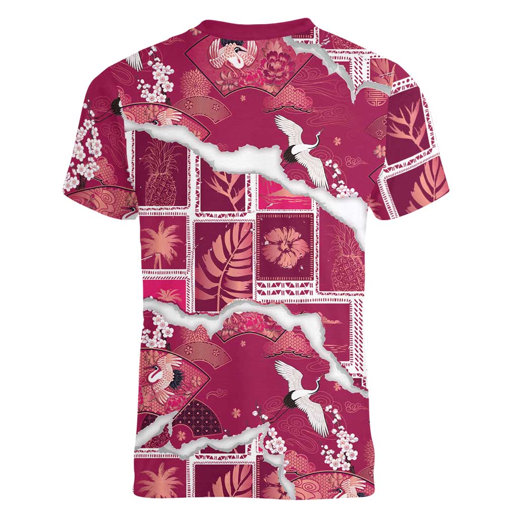 Hawaii Japanese Culture Pink Women V-Neck T-Shirt Spring Cranes Aloha Pattern LT01 - Polynesian Pride