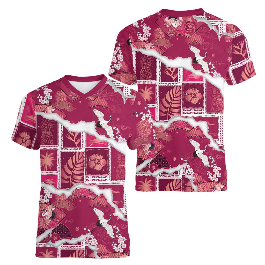Hawaii Japanese Culture Pink Women V-Neck T-Shirt Spring Cranes Aloha Pattern LT01 - Polynesian Pride