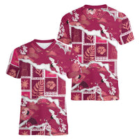 Hawaii Japanese Culture Pink Women V-Neck T-Shirt Spring Cranes Aloha Pattern LT01 - Polynesian Pride