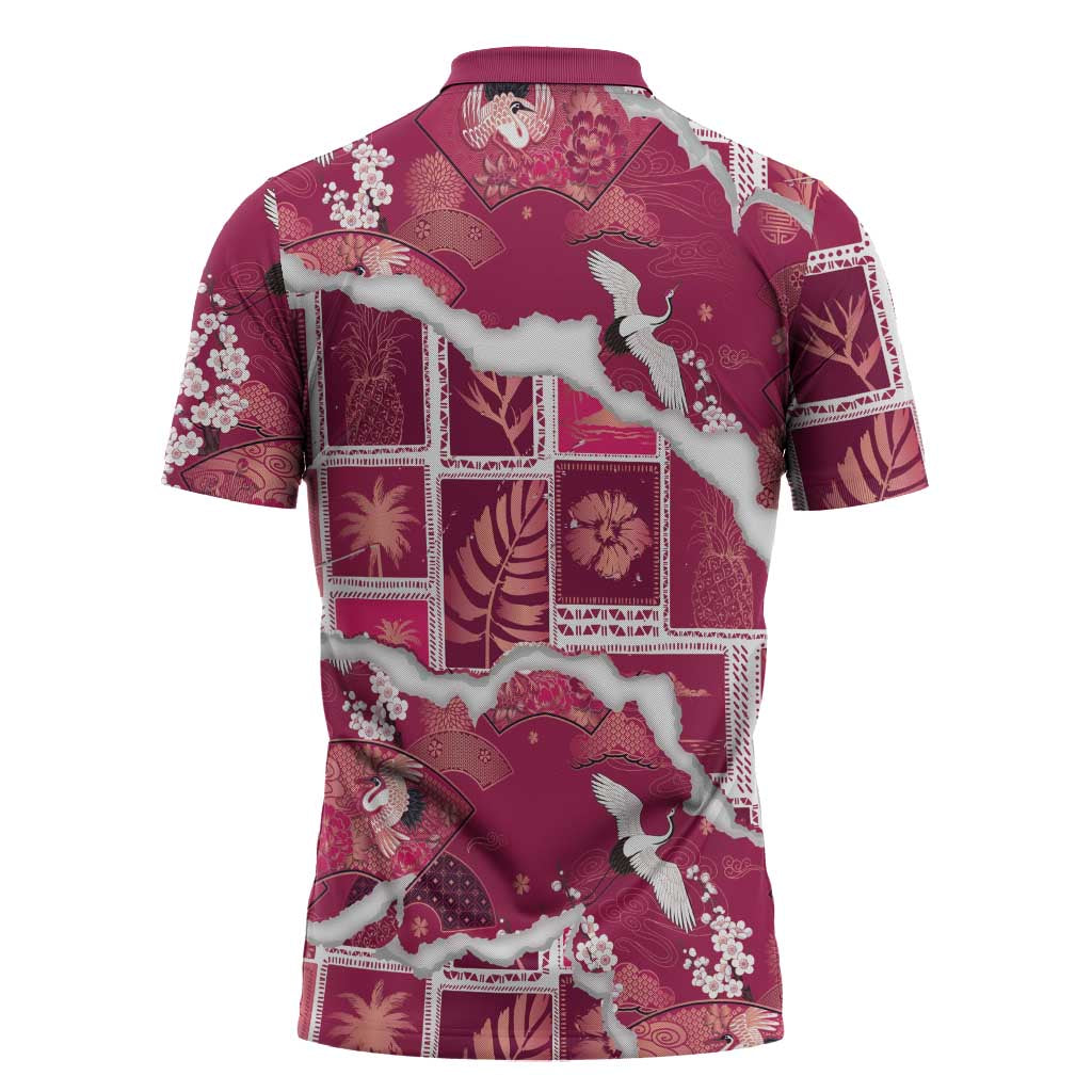 Hawaii Japanese Culture Pink Zipper Polo Shirt Spring Cranes Aloha Pattern LT01 - Polynesian Pride