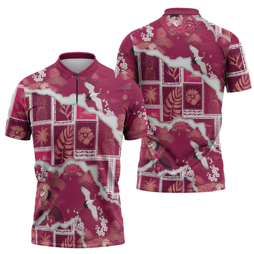 Hawaii Japanese Culture Pink Zipper Polo Shirt Spring Cranes Aloha Pattern LT01 - Polynesian Pride