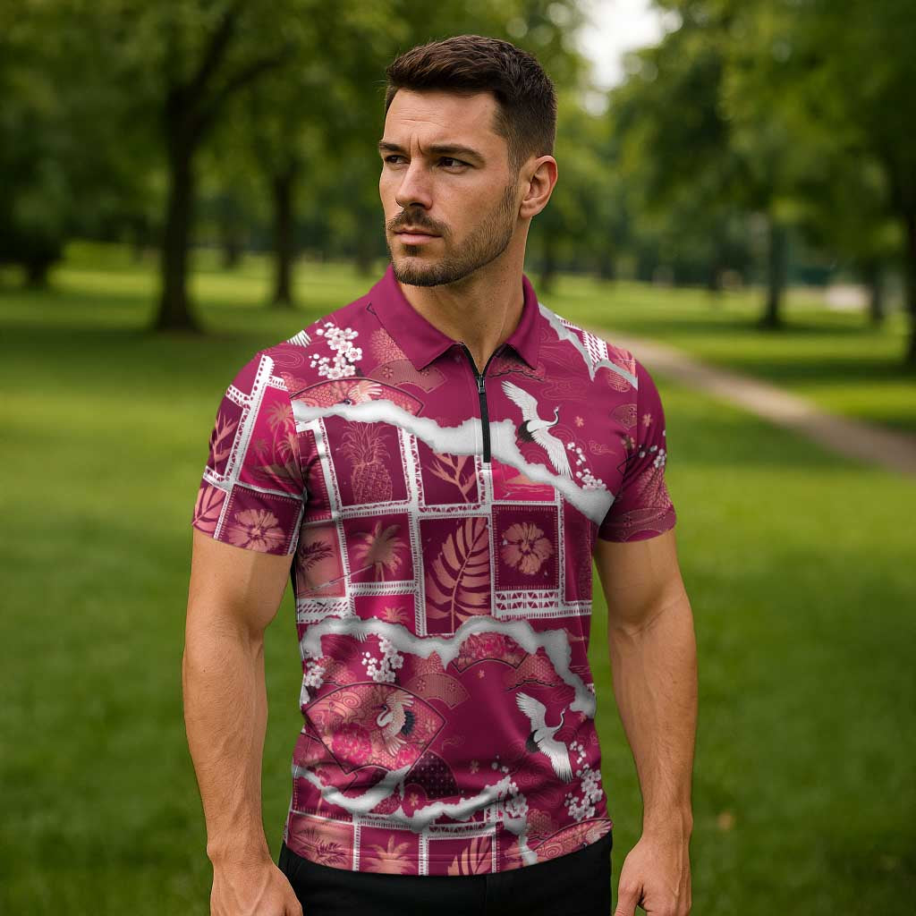 Hawaii Japanese Culture Pink Zipper Polo Shirt Spring Cranes Aloha Pattern LT01 - Polynesian Pride