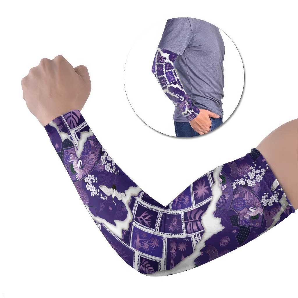 Hawaii Japanese Culture Purple Arm Sleeves Spring Cranes Aloha Pattern LT01 Set of 2 Purple - Polynesian Pride
