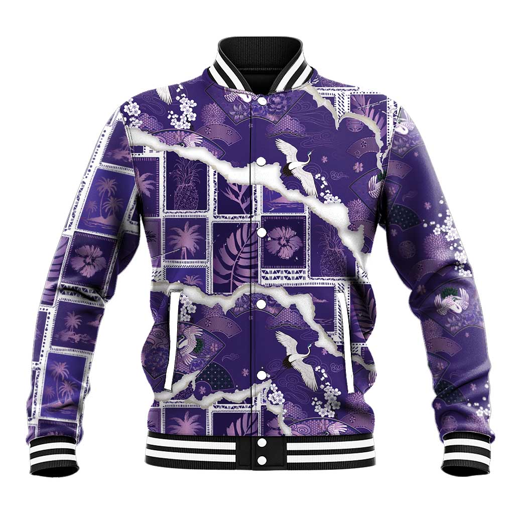 Hawaii Japanese Culture Purple Baseball Jacket Spring Cranes Aloha Pattern LT01 Unisex Purple - Polynesian Pride