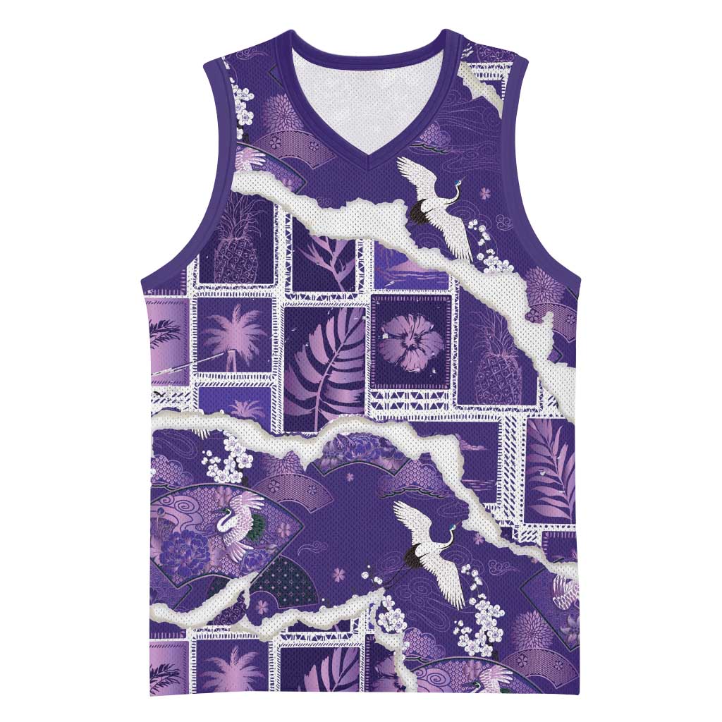 Hawaii Japanese Culture Purple Basketball Jersey Spring Cranes Aloha Pattern LT01 Unisex Purple - Polynesian Pride