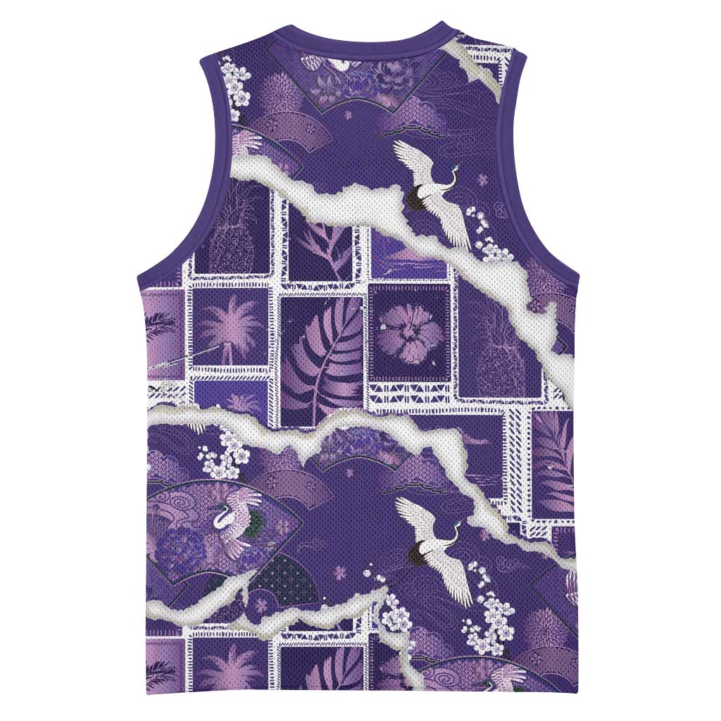 Hawaii Japanese Culture Purple Basketball Jersey Spring Cranes Aloha Pattern LT01 - Polynesian Pride