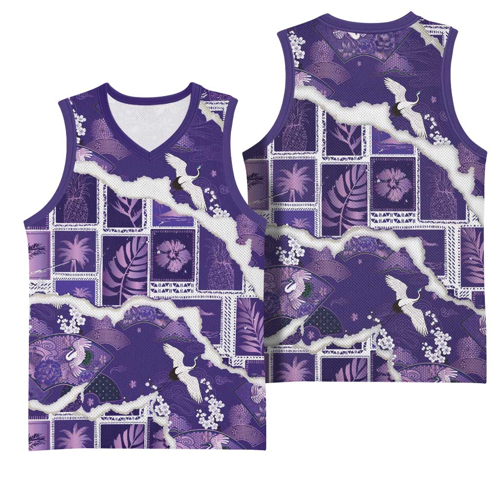 Hawaii Japanese Culture Purple Basketball Jersey Spring Cranes Aloha Pattern LT01 - Polynesian Pride