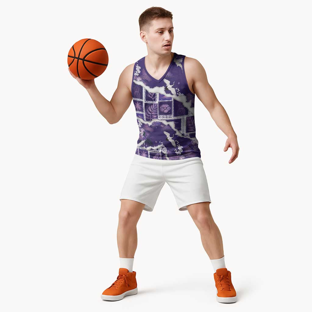 Hawaii Japanese Culture Purple Basketball Jersey Spring Cranes Aloha Pattern LT01 - Polynesian Pride
