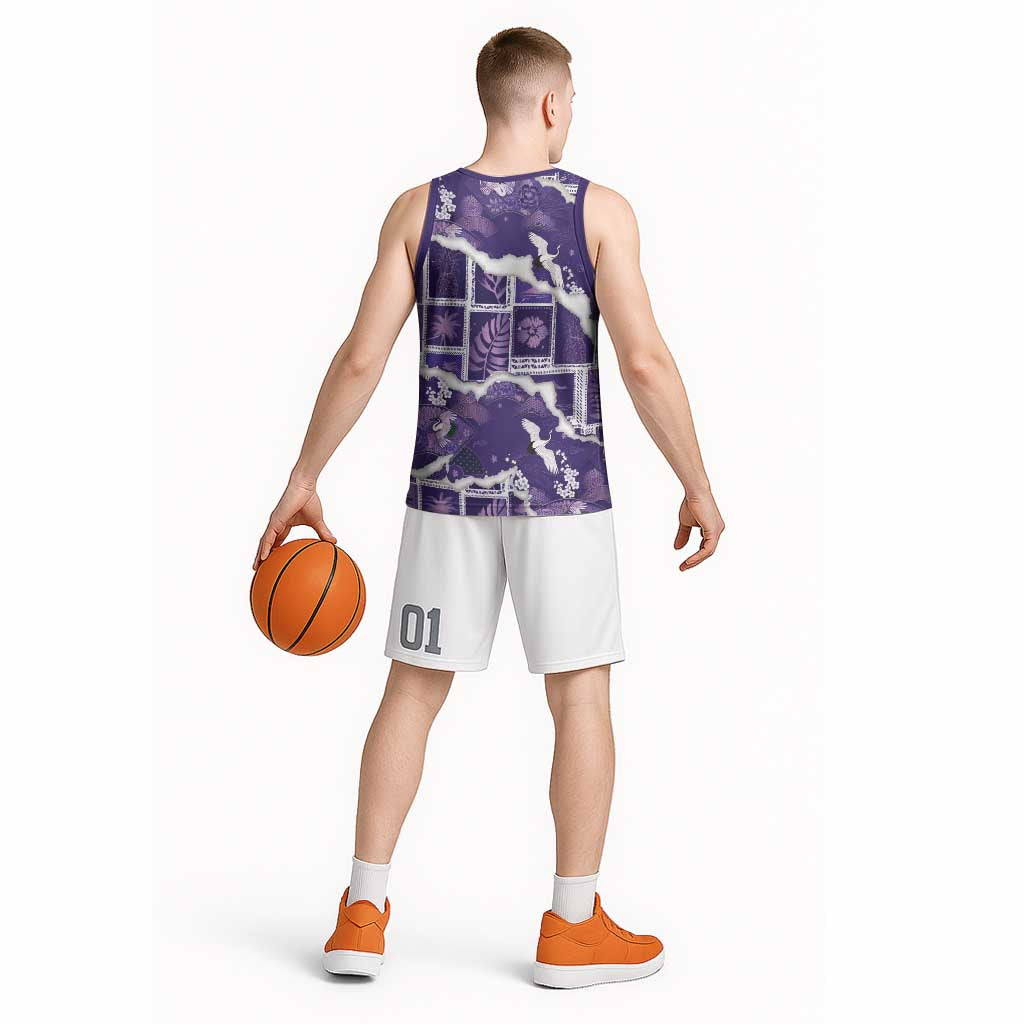 Hawaii Japanese Culture Purple Basketball Jersey Spring Cranes Aloha Pattern LT01 - Polynesian Pride