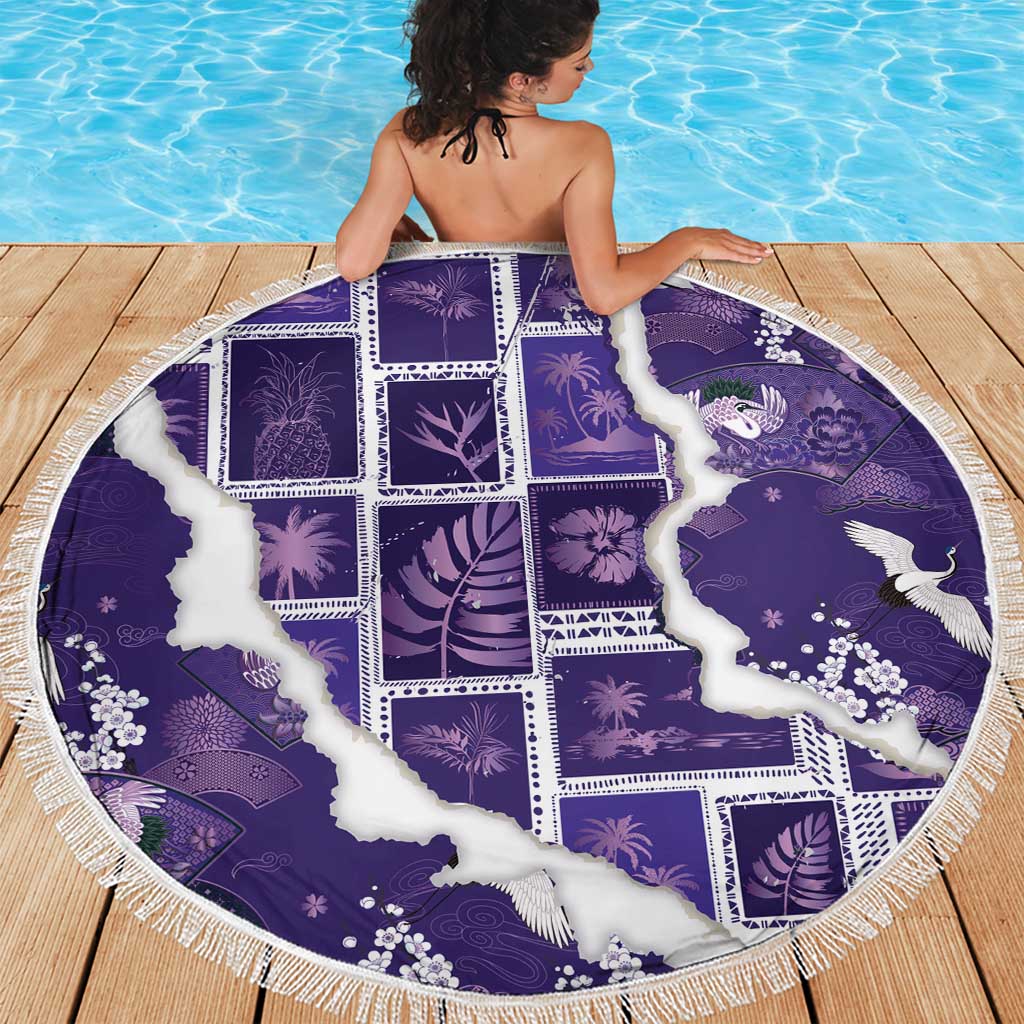 Hawaii Japanese Culture Purple Beach Blanket Spring Cranes Aloha Pattern LT01 - Polynesian Pride
