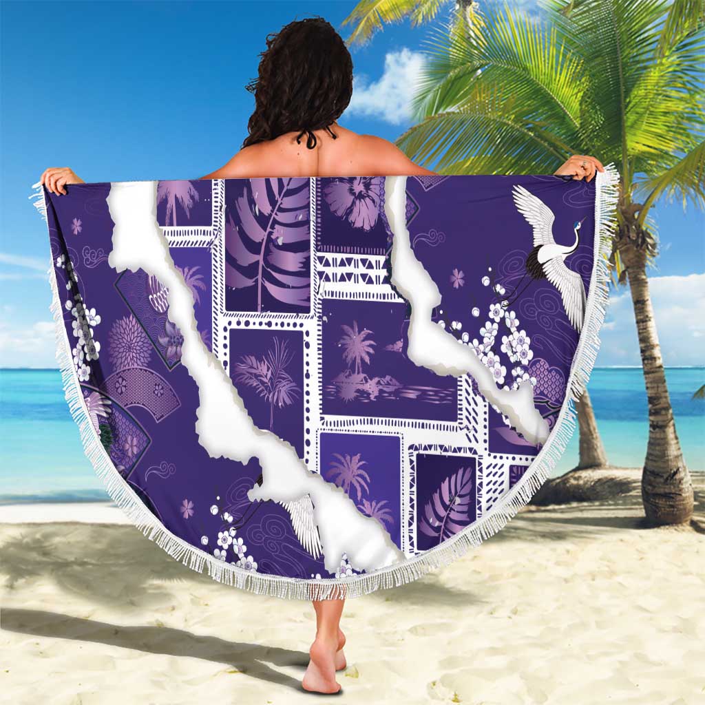 Hawaii Japanese Culture Purple Beach Blanket Spring Cranes Aloha Pattern LT01 - Polynesian Pride