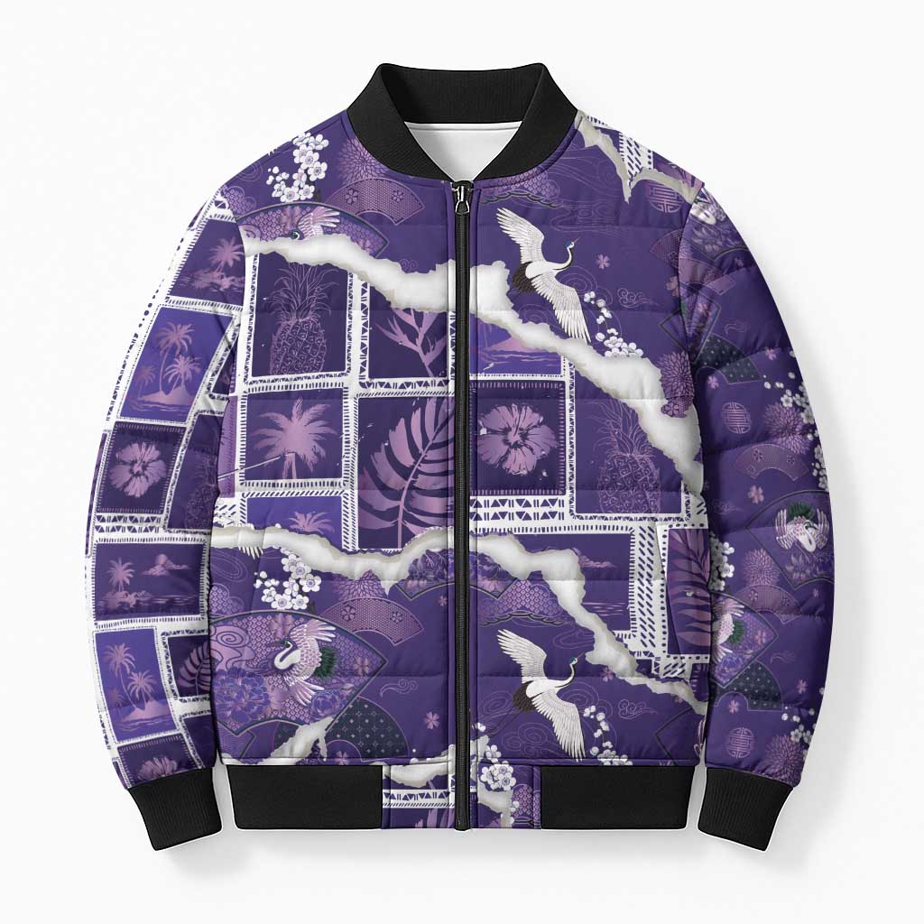 Hawaii Japanese Culture Purple Bomber Puffer Jacket Spring Cranes Aloha Pattern