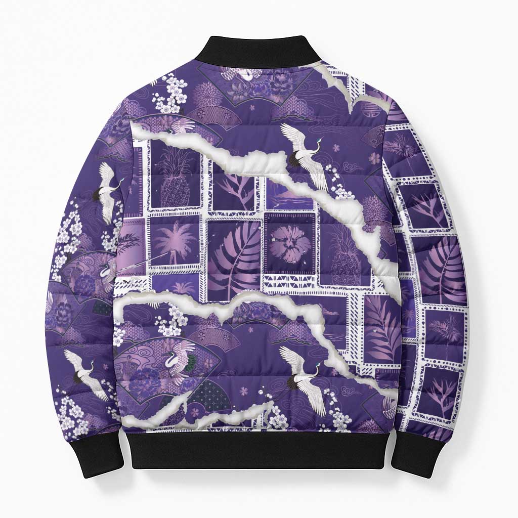 Hawaii Japanese Culture Purple Bomber Puffer Jacket Spring Cranes Aloha Pattern
