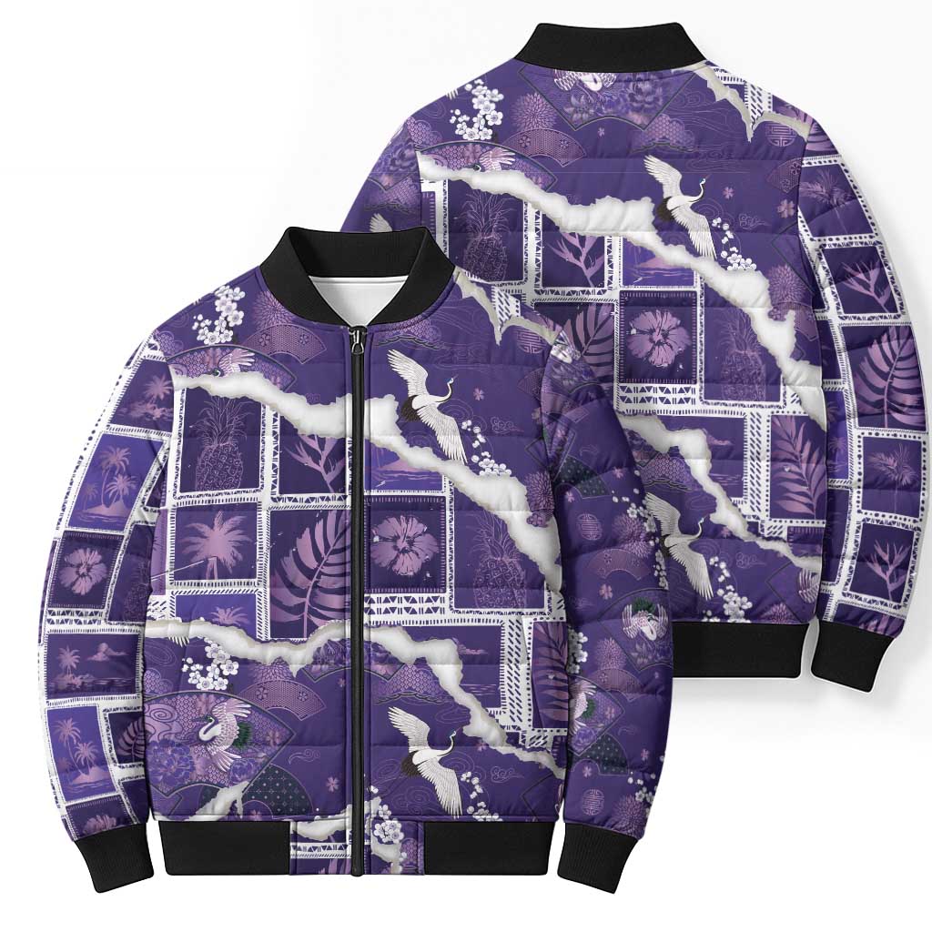 Hawaii Japanese Culture Purple Bomber Puffer Jacket Spring Cranes Aloha Pattern