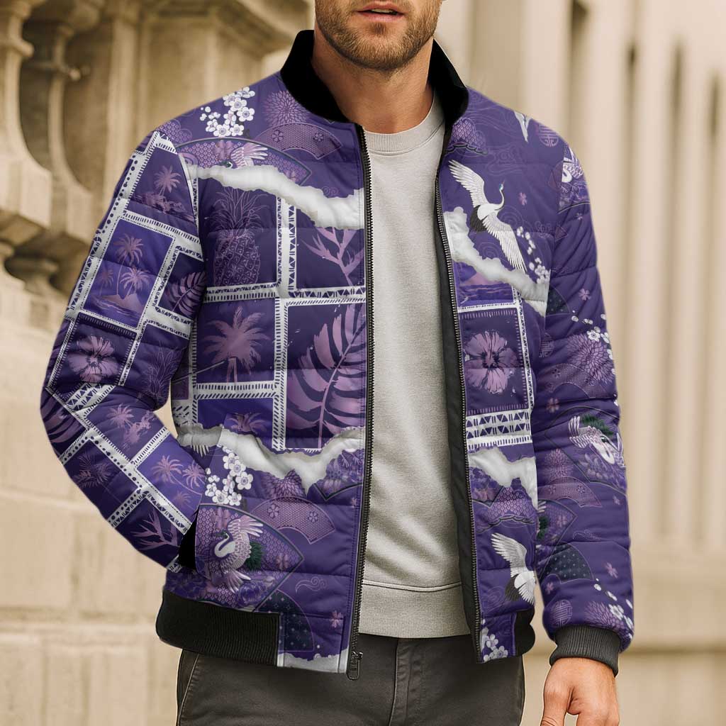 Hawaii Japanese Culture Purple Bomber Puffer Jacket Spring Cranes Aloha Pattern