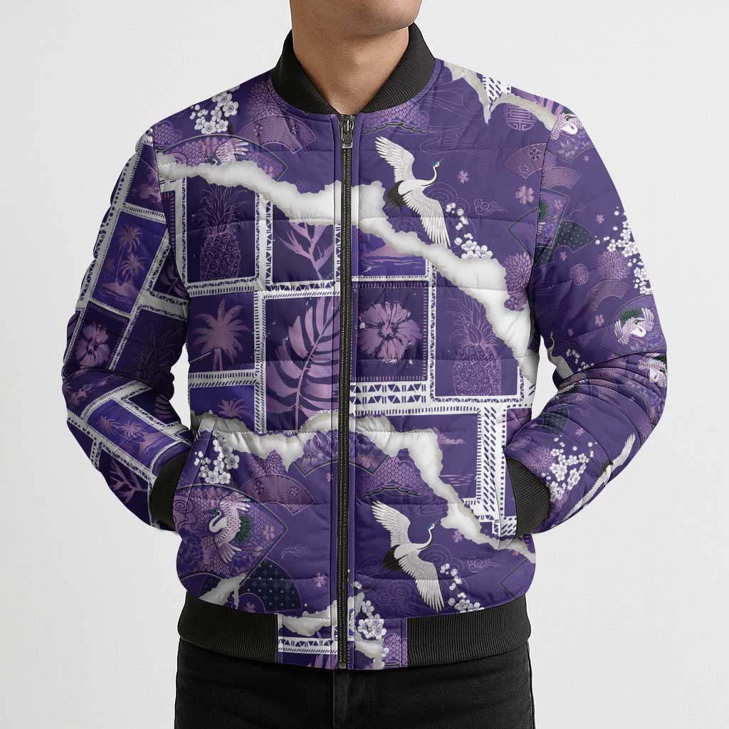 Hawaii Japanese Culture Purple Bomber Puffer Jacket Spring Cranes Aloha Pattern