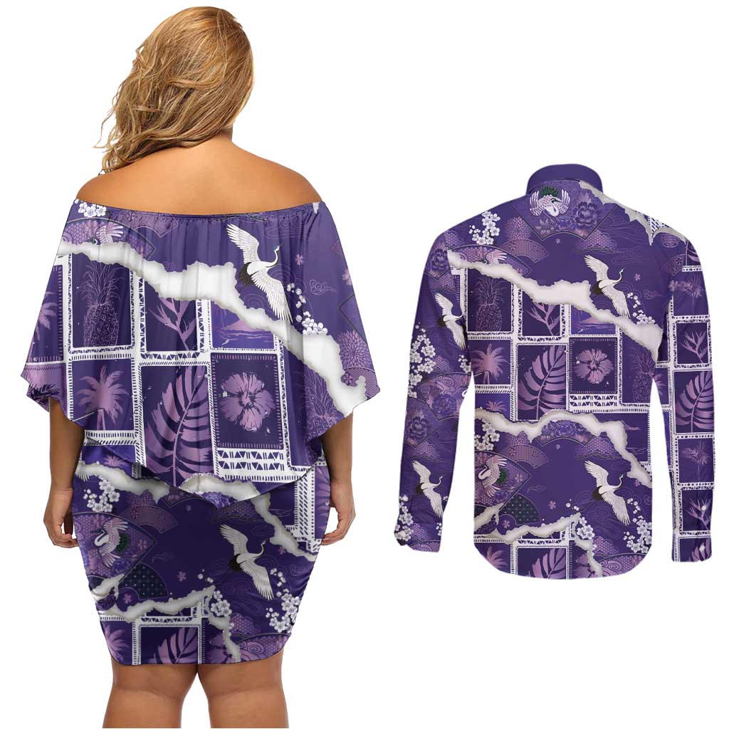 Hawaii Japanese Culture Purple Couples Matching Off Shoulder Short Dress and Long Sleeve Button Shirt Spring Cranes Aloha Pattern