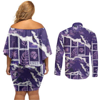 Hawaii Japanese Culture Purple Couples Matching Off Shoulder Short Dress and Long Sleeve Button Shirt Spring Cranes Aloha Pattern